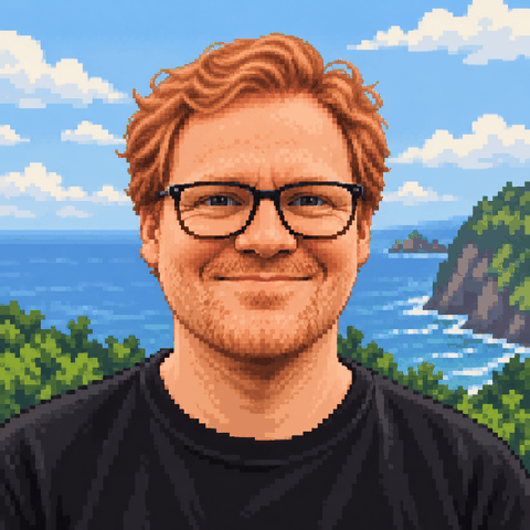 Pixel-art portrait of Cole Cofer, on the Hawaiian coast
