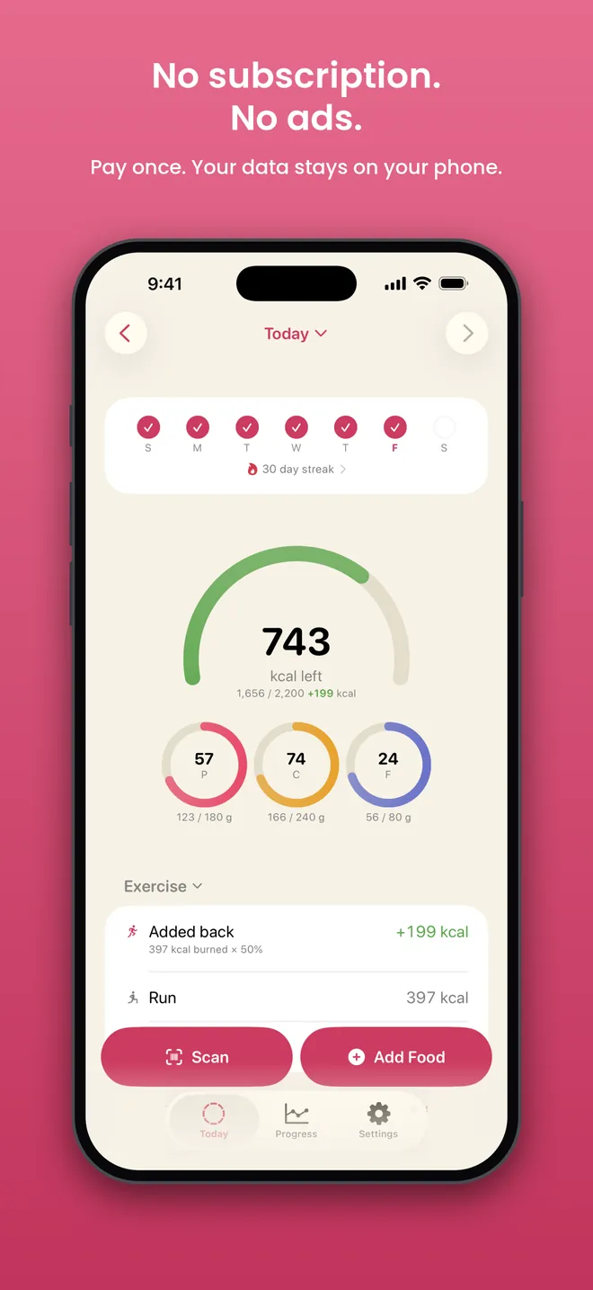 Radish today view: calories left, macro rings and logged exercise