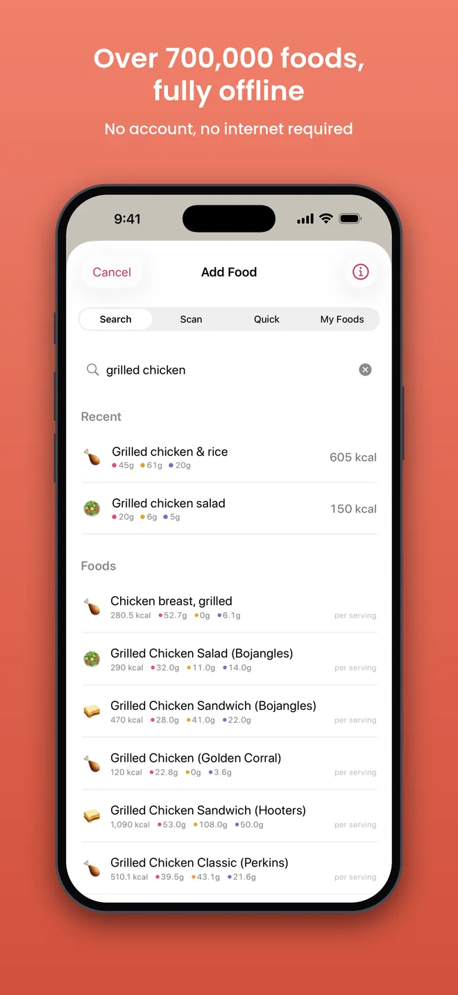 Radish food search over the offline 700,000-item database