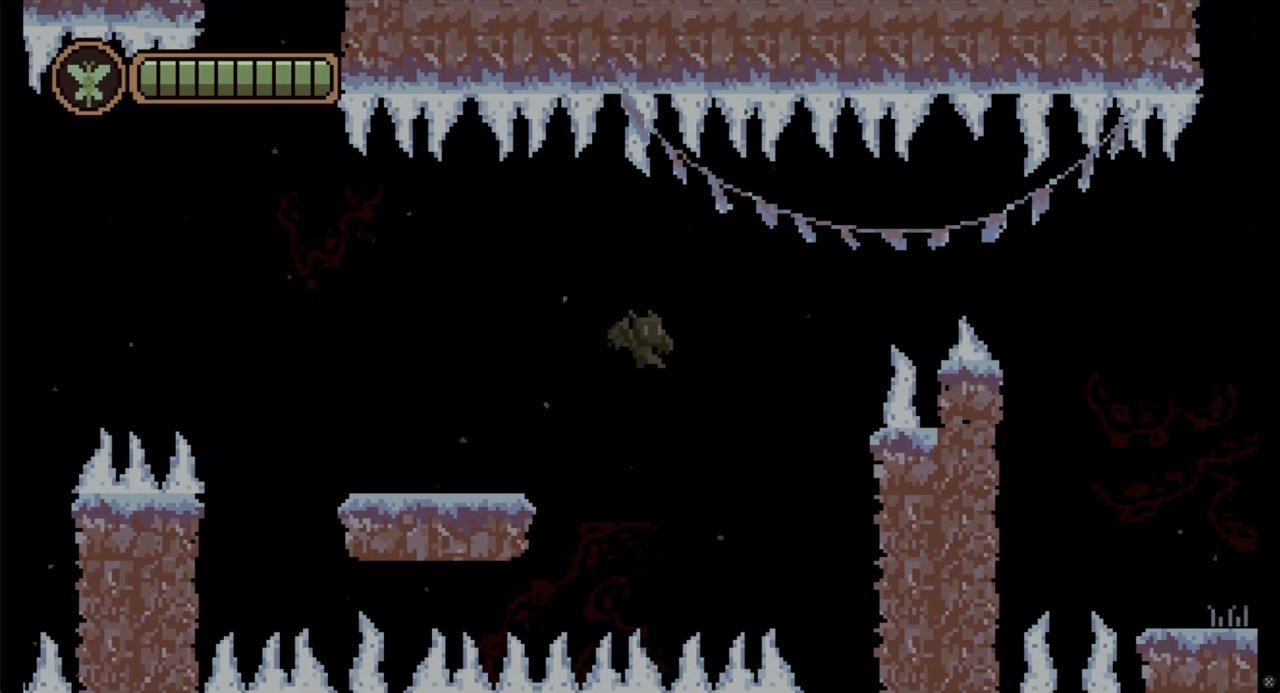 Sona flying past icy stalactites